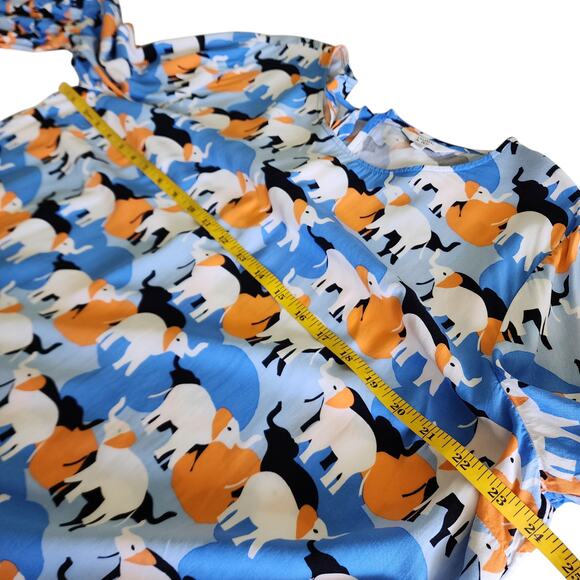 Crown & Ivy Womens Peplum Top Size XXL Bell Sleeves Elephant Print Orange Blue - Picture 9 of 10